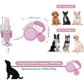 Correa Retráctil para Perros(5M),Mascotas Retráctil para Perro con Tiras Reflectantes,Correa de Perro Ajustable para con Dispensador de Desechos y Linterna para Perros De hasta 50KG(Rosa)