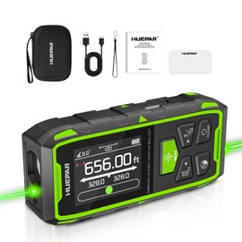 Huepar Dual Laser Measuring Tool, 656Ft Green-Beam Bilateral Digital Laser Distance Measure 6 Units Ft/in/M, Rechargeable Laser Measurement Tool -Backlit LCD Display, Length/Area/Volume/Angle Sensor
