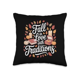 Fall in Love with Traditions Autumn Pumpkins Leaves Throw Pillow