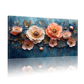GYJAGHL beautifulpink flower mural living room bedroom office farmhouse oil painting Artwork, blue background pink flowers modern home floral poster muralArtwork, flower posters for roomPrinted frame for hanging at any time.