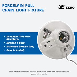 Zero 612431 【Pack of 2】 Dual Lampholder 125 Volt Porcelain Pull Chain Light Fixture, Lampholder with Outlet in White, Porcelain