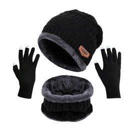 Weforu Winter Beanie Scarf Gloves Set for Men Women Thick Warm Sets Knitted Scarf Beanie Hat Touchscreen Gloves Neck Warmer(Black 3 Pieces)