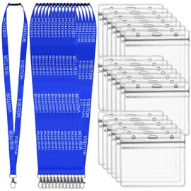 CENBEN 20PCS Blue Visitor Lanyards with 20 Clear Name Badge Holders, Waterproof Horizontal Card Holder ID Card Holders and Vsitor Neck Lanyard Quick-Release for Events, Workplaces, Volunteers