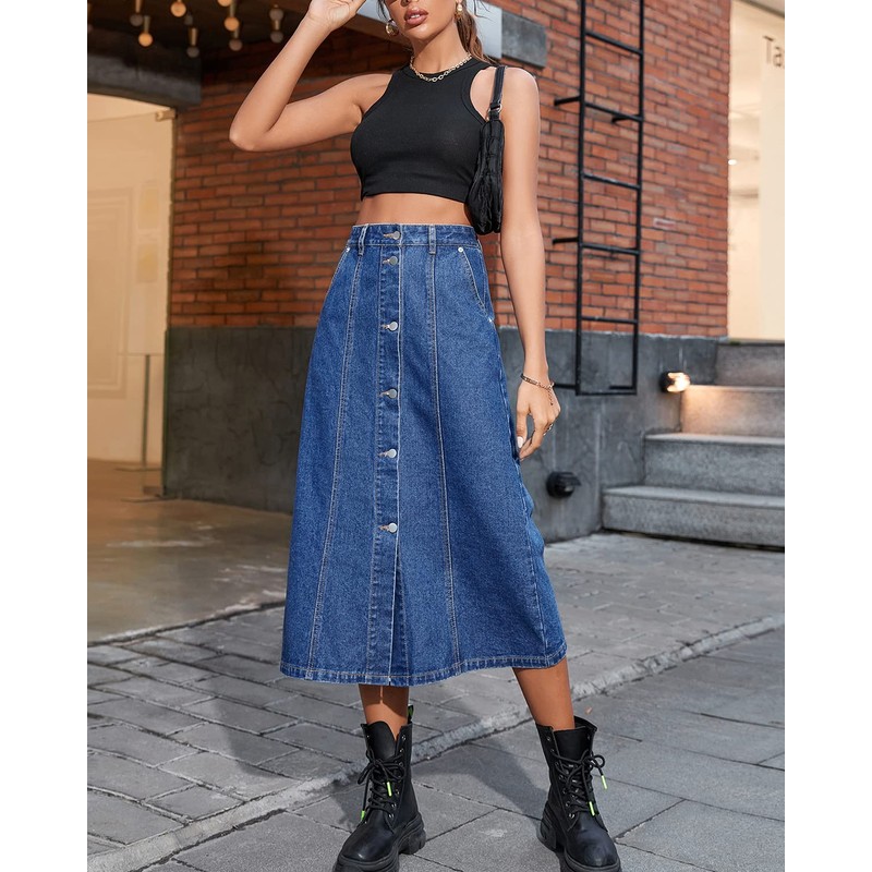 NIGHTMISS Womens High Waisted Washed Button Front Denim Long Skirt