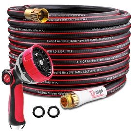Y-ASQA Flexible Garden Hose 50 ft with 10 Spray Patterns Garden Hose Nozzle | Standard Heavy Duty outdoor Water Hose, Lawn and Garden, All Weather, Lightweight, No Leaking Rubber hose | Y-ASQA