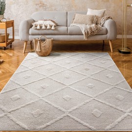 Antep Rugs Palafito 6x9 Geometric Shag Diamond High-Low Pile Textured Indoor Area Rug (Beige, 6'7" x 9')