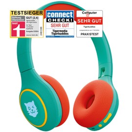 tigermedia tigerbuddies Bluetooth Children's Headphones, Adjustable Fit & Soft Pads, Children's Headphones with Volume Limiting, Jack Plug & Bluetooth, 8 Hours Wireless (Green/Orange)