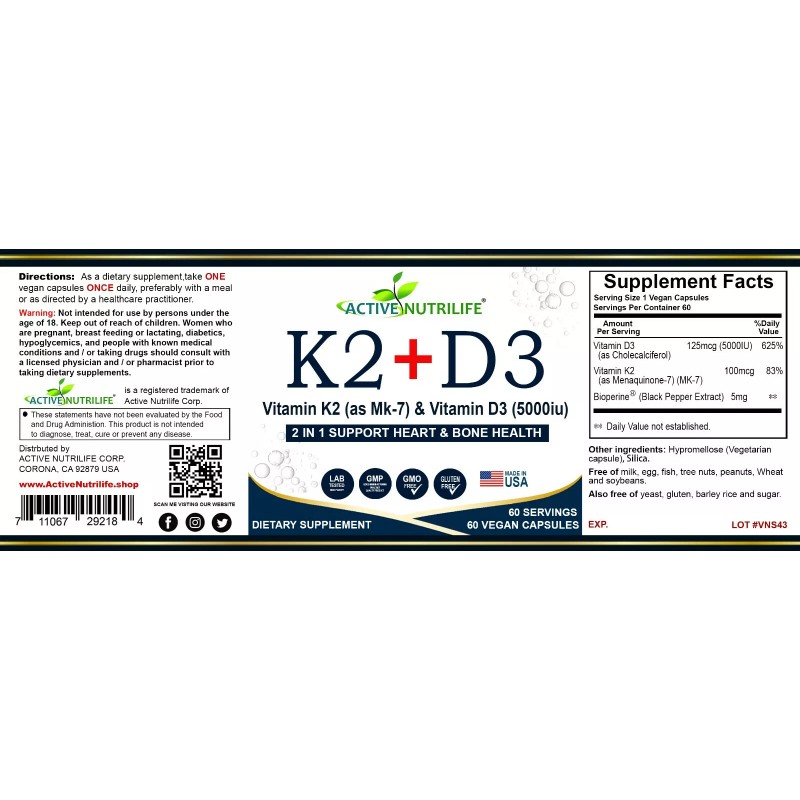 Vitamin K2 + VIT D3 5000 IU with BioPerine for