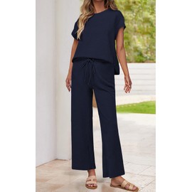 PRETTYGARDEN 2 Piece Outfits For Women Casual Tracksuit Short Sleeve Tops And Wide Leg Long Pants Matching Lounge Sets (Navy, X-Large)