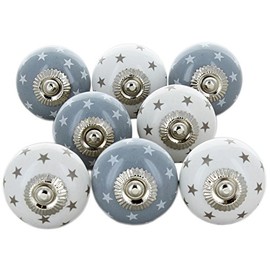 Set of 8 Grey & White Stars Ceramic Door Knobs Vintage Shabby Chic Cupboard Drawer Pull Handles by G Decor