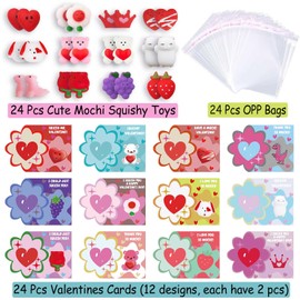 ricluck Valentines Day Cards Gifts for Kids, 24 PCS Mochi Squishy Party Favors Set with Valentine's Day Greeting Cards for Kids Valentine Classroom Prizes Party Favors, Valentine Exchange Gifts Set