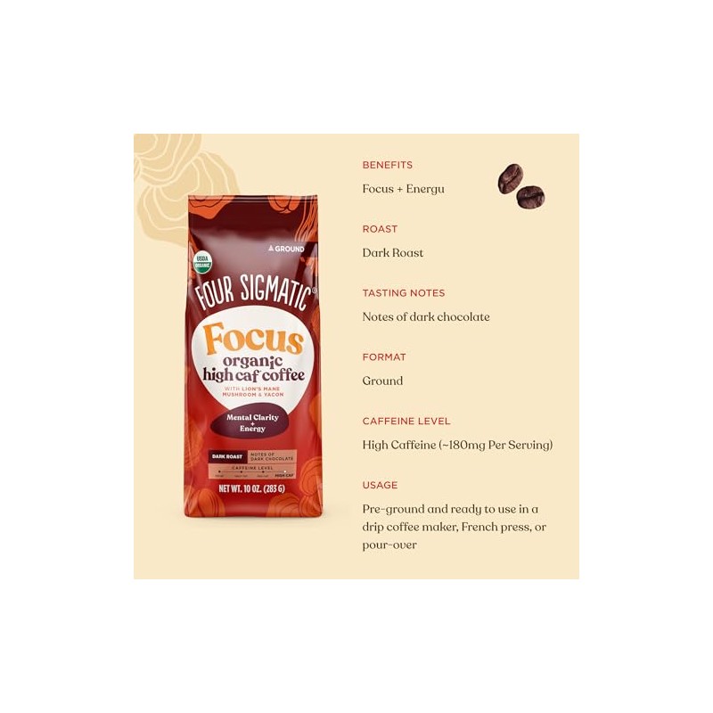 Four Sigmatic Organic High Caffeine Lion's Mane Ground Coffee, 10