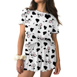 Ekouaer Womens Pajamas 2 Piece Ribbed Knit Pjs Colorful Pattern Sleep Set Short Sleeve Pajamas Set Casual Lounge Sets Cows M