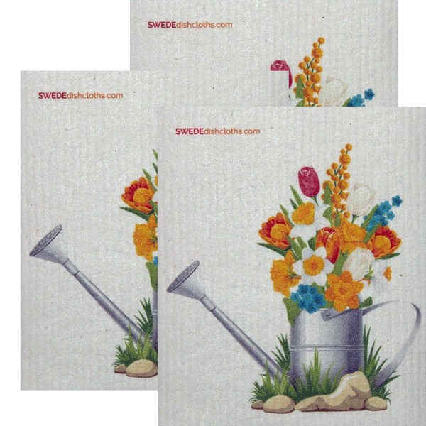 Flowers in Pail Set of 3 Each Swedish Dishcloths | ECO Friendly Absorbent Cleaning Cloth | Reusable Cleaning Wipes