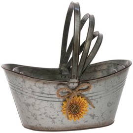 Boston International Metal Nesting Pails Decorative Oval Buckets with Handles, 3 Sizes, Sunflower Charm