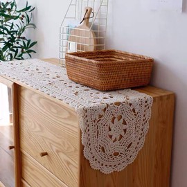Janef White Handmade Crochet Cotton Table Runner Lace Doilies Doily Oval Dresser Scarves,12 by 35 Inches.