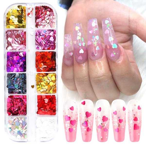 3D Heart Nail Art Stickers Glitter Decals Love Nail Sequins Laser Heart Nail Supplies Sparkle Nail Flakes Mixed Size Colorful Shiny Design for Acrylic Nail Supplies Charms Nail Decorations Accessories