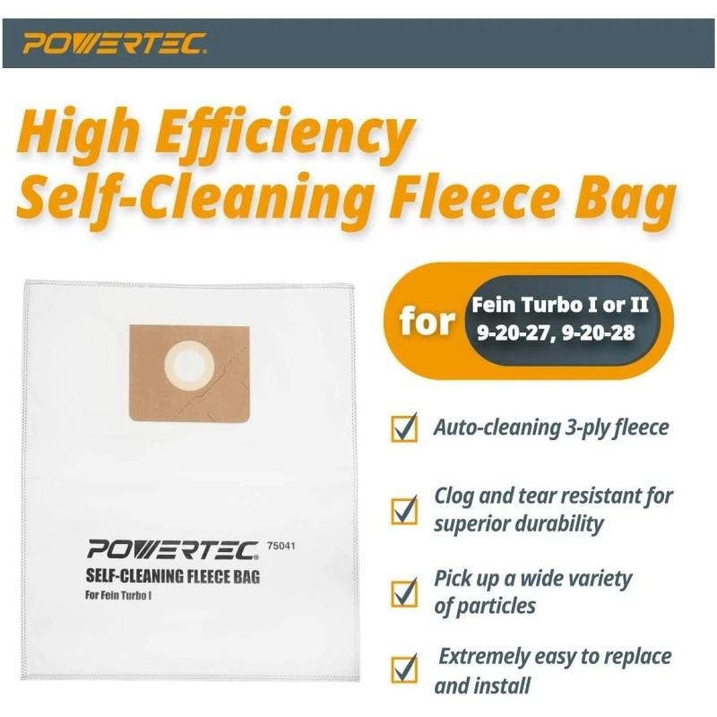POWERTEC 75041 Self-Cleaning Fleece Bag for Fein Turbo I, 5PK