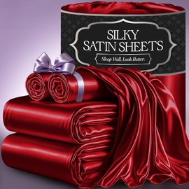 DECOLURE Satin Bed Sheets - 4 Piece Luxury Silky Queen Size Bedding Set - Softer Than Silk, Wrinkle-Free with 15” Deep Pocket Fitted Sheet, Perfect for Hair & Skin, Gifts for Women (Red)
