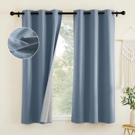 NICETOWN Stone Blue Full Shade Faux Linen Curtain Panels 63 inches Long, Pair of Energy Smart & Noise Blocking Out Blackout Drapes for Cupboard, Thermal Insulated Lined Window Dressing (42 inch)