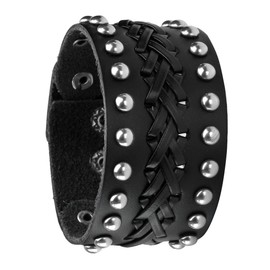 Eigso Black Retro Punk Wide Belt Braide PU Bracelet Round Nail Snap Button Wristband for Men Women