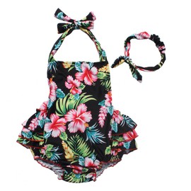 Redbub - Mameluco de una pieza con volantes florales y diadema, Negro -, 2-4 Años