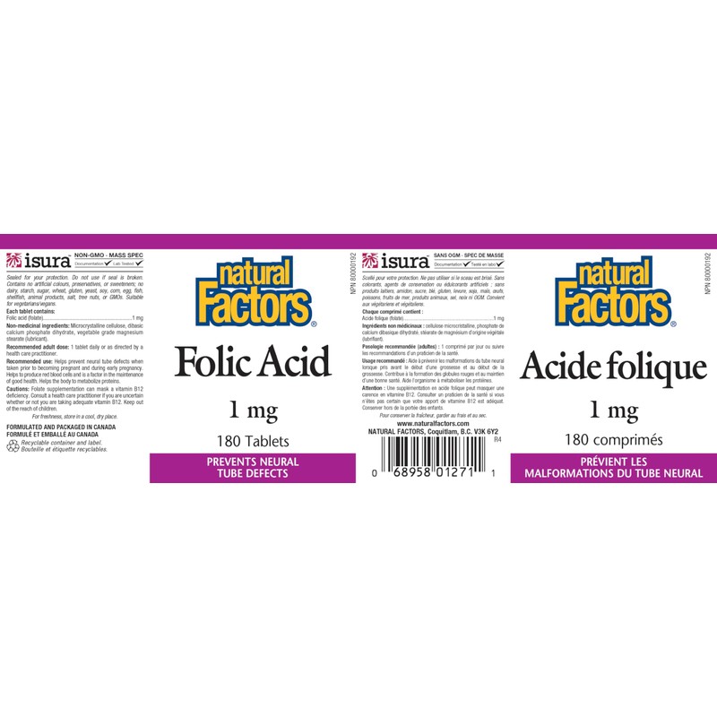 Natural Factors Folic Acid 1 mg/1,000 mcg,180 Tablets, Prenatal Supplement,