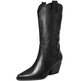 Mostrin Cowboy Boots Women Cowgirl Boot Chunky Block Heeled Knee High Tall Mid-calf Shoes Western Boots Black Size 8
