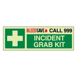 Bleedsave Incident Grab Kit - Call 999 - Landscape 300 x 100 mm - Glow In The Dark 1mm Rigid Plastic Safety Sign