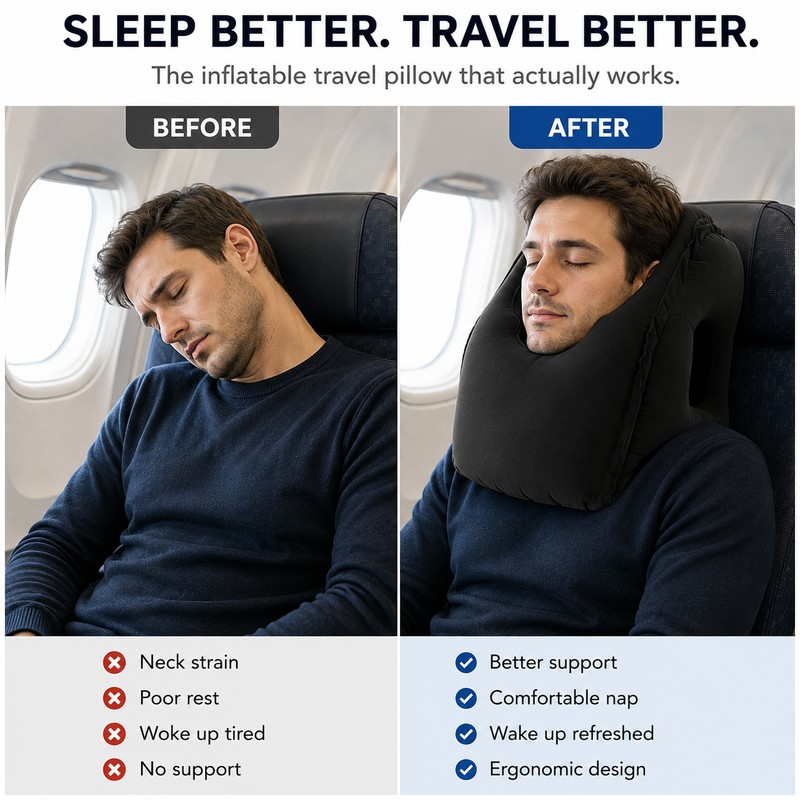 Inflatable Travel Pillow for Neck Support – 45° Headrest Cushion