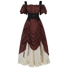 FCCAM Renaissance Costume Women Short Sleeve Steampunk Pirate Dress Off-Shoulder Ren Faire Outfit Wine S