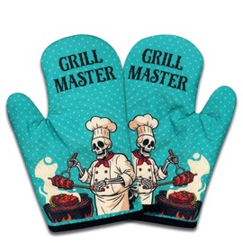 NAHMAKNE 2 Pack Funny BBQ Oven Mitts for Men, Grill Master, Skeleton Heat Resistant Silicone Non-Slip Mitts, Christmas Birthday Gifts for Dad Husband, Grilling Gifts for Men Chef Friend BBQ Lovers
