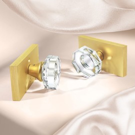 HIEMEY Octagon Crystal Glass Gold Door Knob Interior, Modern Classic Passage Hall/Closet Door Knobs, Satin Brass