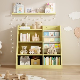 Yellow Wooden Toy Organizer Cabinet Kids Bookshelf