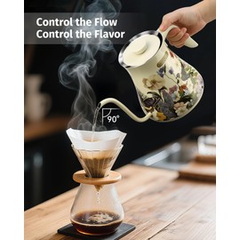 INFOOD 0.8L Gooseneck Electric Kettle, Precise Temperature Control for Pour Over Coffee & Tea, 1200W Fast Boiling Water, Auto Shut Off, Scheduling, Stainless Steel, Floral Painted Design