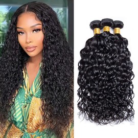 BilltiiWW Color 1B Water Wave Human Hair Bundles Natural Black Water Wave Bundles Brazilian Hair Extensions 30 32 34 Inch Soft and Silky for Women