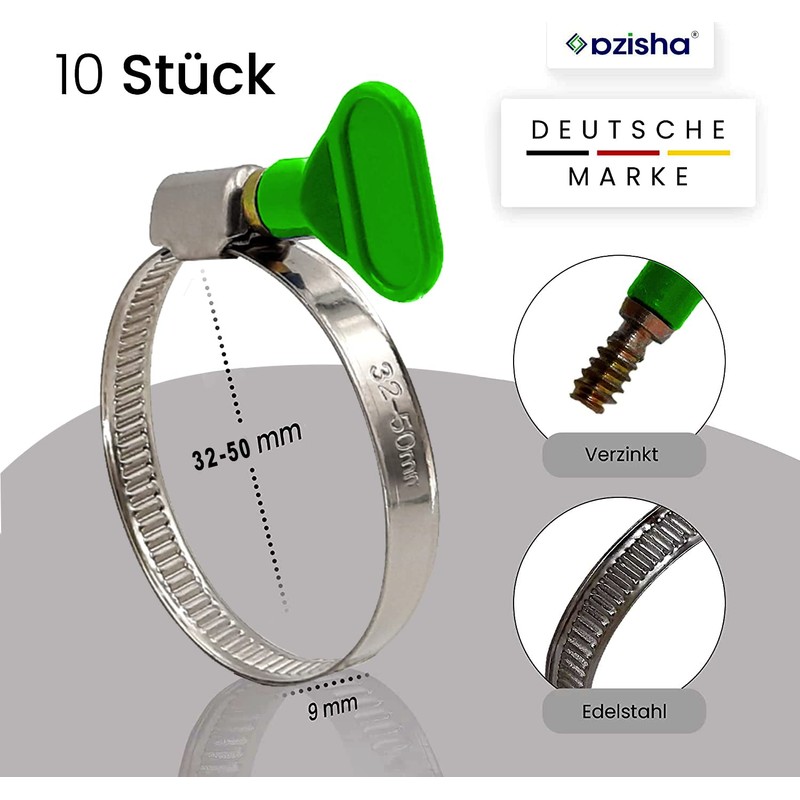 AZISHA 10 x 32-50 mm Hose Clamps Set with Wing