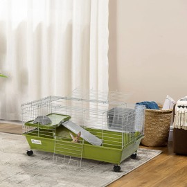 35\" Rolling Bunny Cage for Small Animals Guinea Pig Cage Food Dish Water Bottle Hay Feeder Platform Ramp Small Animal SuppliesTitle: Default Title