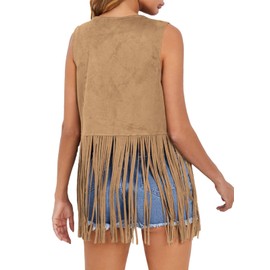 Dokotoo Womens Fall Fashion 2025 Cowboy Chic Fringe Vest 70s Theme Birthday Party Boho Hippie Costume Rodeo Club Night Cowgirl Western Bohemian Country Concert Outfits for Women Vests Khaki Large