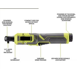 FVRC50K Fits for RYOBI USB Lithium 1/4 in. Ratchet Kit with 2.0 Ah Battery and USB Charging Cable