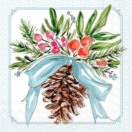 IHR Ideal Home Range Cocktail Napkins Disposable 3-Ply Paper Party Napkin Pack, 5" x 5", Pinecones & Ribbons, 20-Count