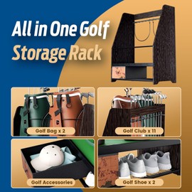 Ponsonbay Golf Bag Organizer Storage for 2 Bags with Drawer – Easy Assemble Golf Club Stand Ideal for Garage, Clubs and Basement (Black)