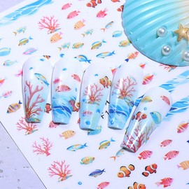 Summer Nail Stickers 3D Self-Adhesive Nail Decals Cherry Strawberry Apple Sticker for Nails Designs Fruit Nail Art Stickers Whale Coral Nail Decoration for Women Nail Art Supplies (6 Sheets)