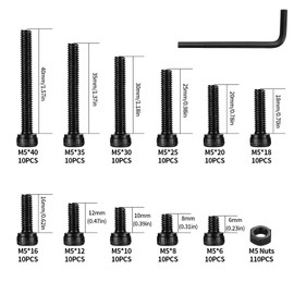 220 pieces M5 screw set, black hex screws with nuts and washers, screws, nuts and washers assortment, hex screw set with 2 pieces wrenches