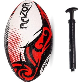 Optimum Razor Rugby Ball - Perfect for Training & Gameplay, Great Flight & Air Retention, Rubber Dimpled Surface for Grip, 2-Ply 410g - Black/Red/White -Size 4 - With Pump