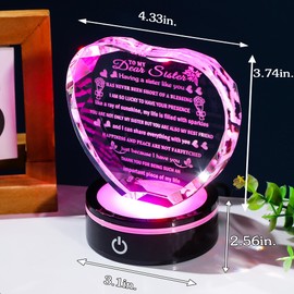 YWHL Sister Birthday Gifts with Colorful LED Base Crystal Heart to My Sister Gifts from Sisters Brother Meaningful Gift for Sisters on Christmas Valentine Day Mothers Day
