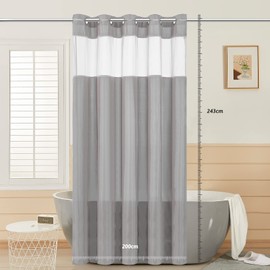 Ringless Shower Curtain with Sheer Mesh Top Window,Extra Long 96 inch Large No Hooks Needed Polyester Fabric Stall No Hook Needed Waterproof spa Hotel Rideau de Douche for Bathroom, 78x96 inch Grey