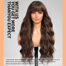 KOME Ombre Brown Wavy Wigs for Women,Yaki Volume Long Wavy Wig with Bangs,Curly Natural Looking Synthetic Heat Resistant Fiber Wig for Party Cosplay Daily Use 26IN…