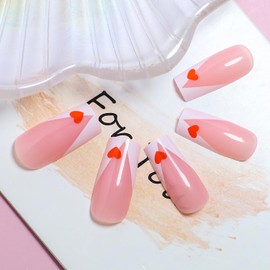Vezocim Valentine's Day Press on Nails Square Medium 24Pcs Glossy Full Cover Coffin French Tips Fake Nails with Heart Designs Artificial Acrylic False Nails Sets Medium Square Fingernails for Women