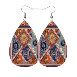 Vosach Exotic Ethnic Flowers Leather Teardrop Earrings For Women Traditional Folk Ornament Flowers Western Earrings For Friends Gift Drop Dangle Earrings